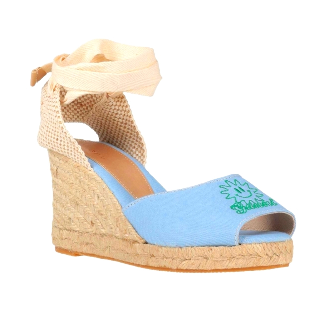 Ganni Canvas Open Toe Wedge Platform Lace Up Espadrilles Light Blue Cream - Picture 2 of 10